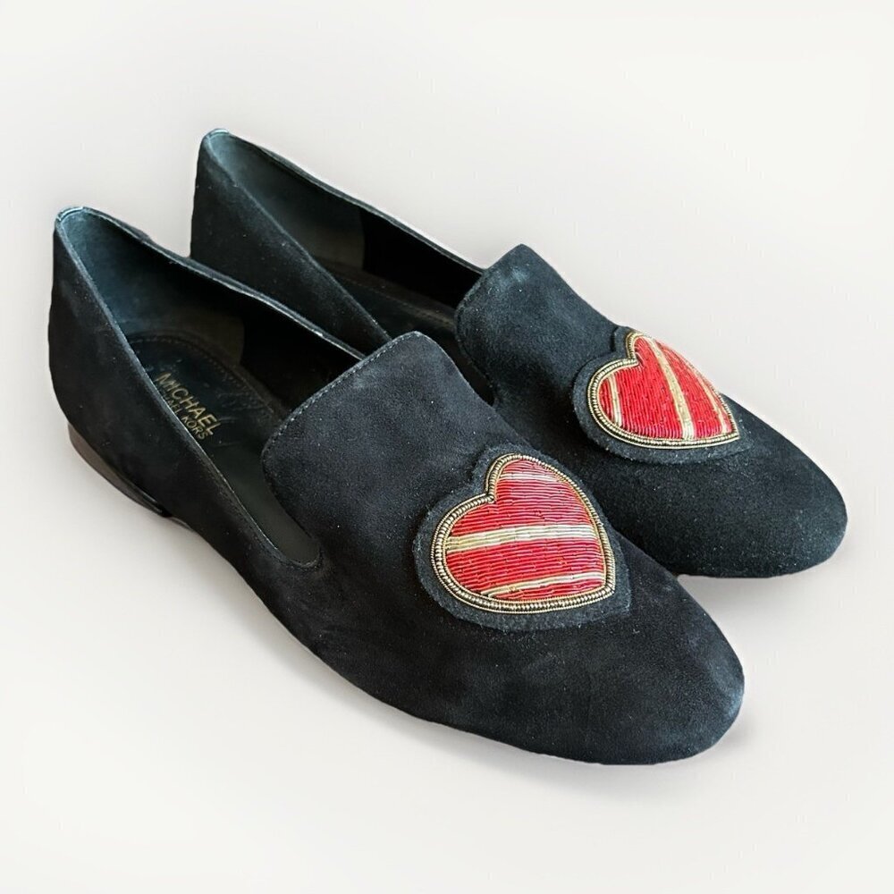 Michael Kors Women's Natasha Loafer Shoes Size 6 M Black Suede Leather Heart EUC